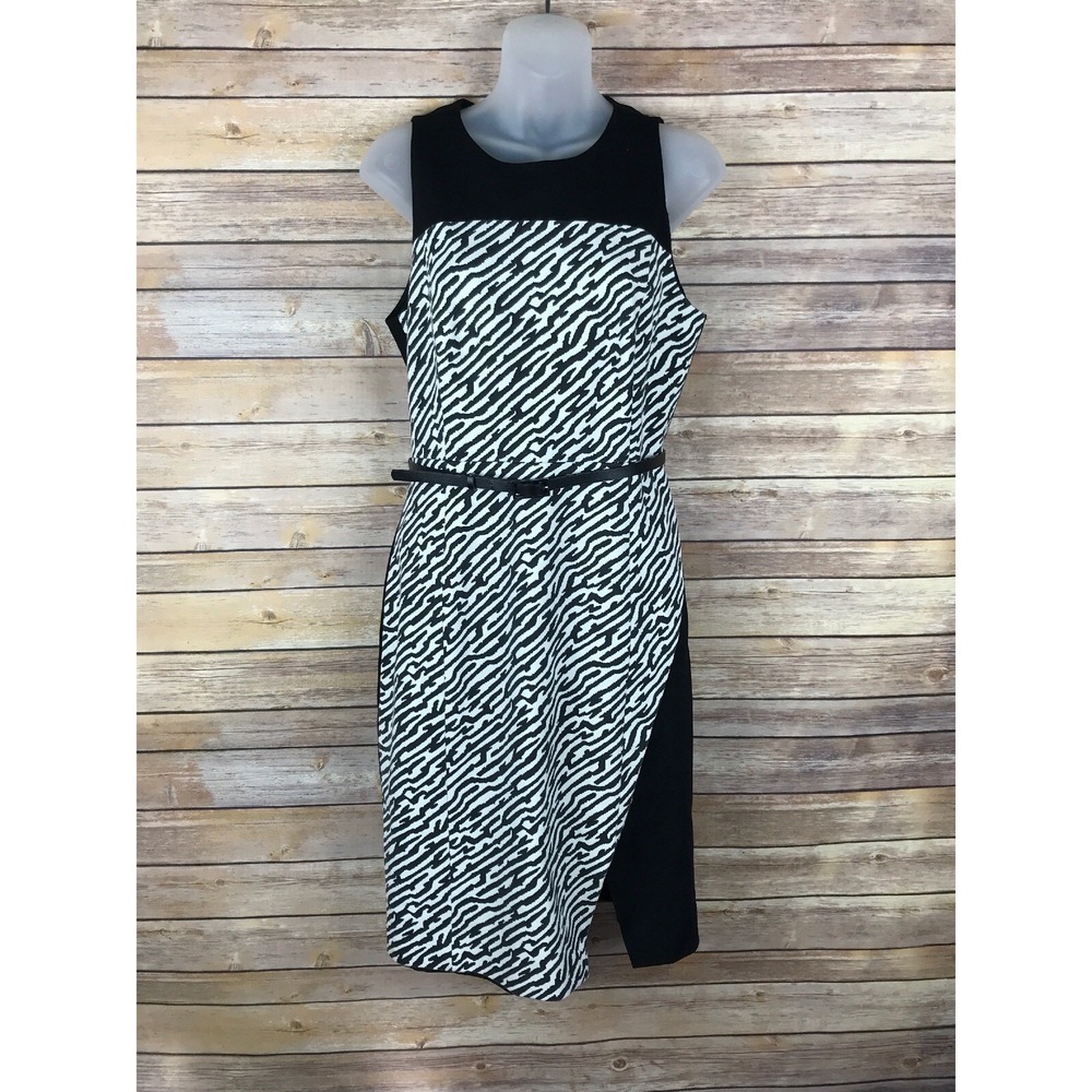 Classiques Entier Dress Womens 10 Black White Sheath Ponte Stretch Knit Belted